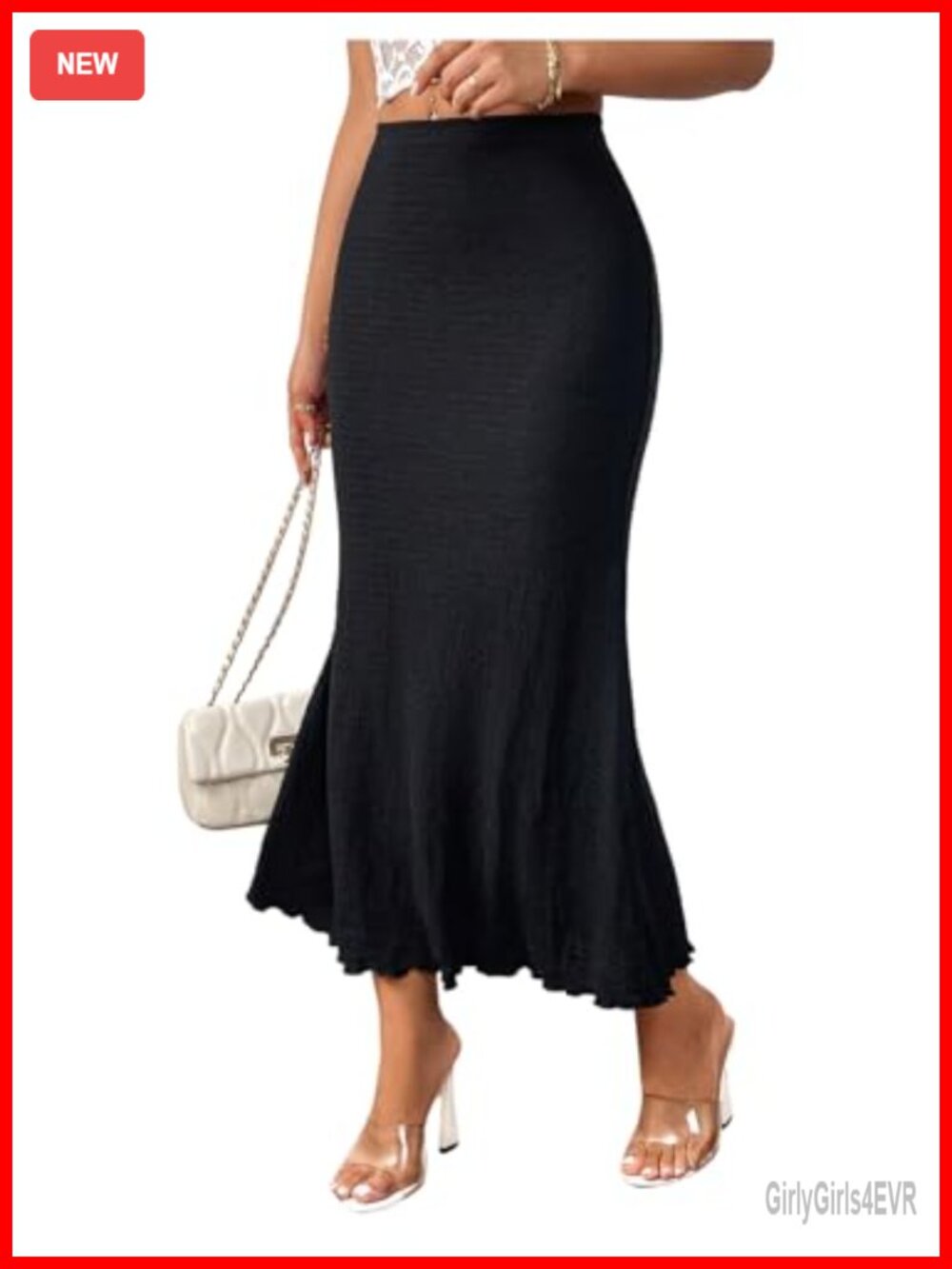 High Waisted Fishtail Bodycon Maxi Skirt Textured Ruffle Hem Long Skirt
